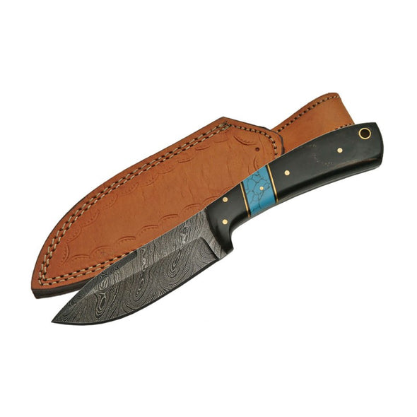 Turquoise and Bone Handle Skinner with Damascus Fixed Blade - 2 Sizes