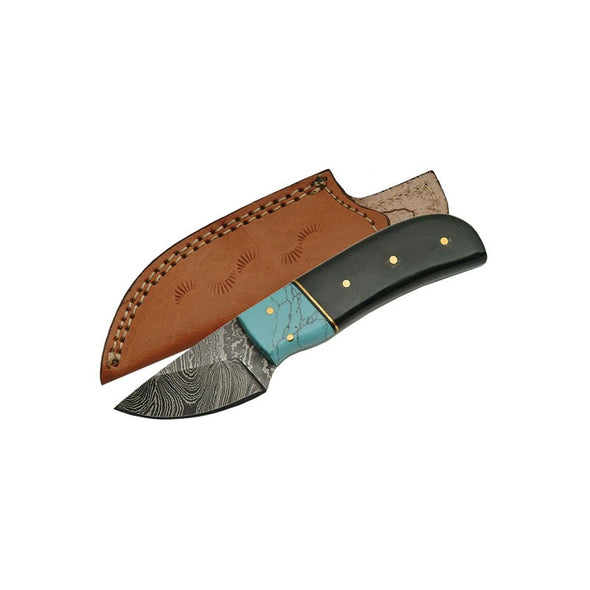 Turquoise and Bone Handle Skinner with Damascus Fixed Blade - 2 Sizes