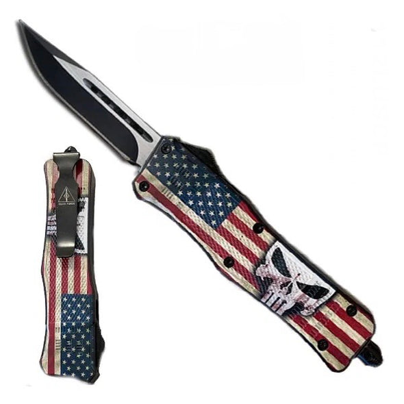 Automatic Out The Front - Large Punisher w/ Flag OTF Knife Clip Point