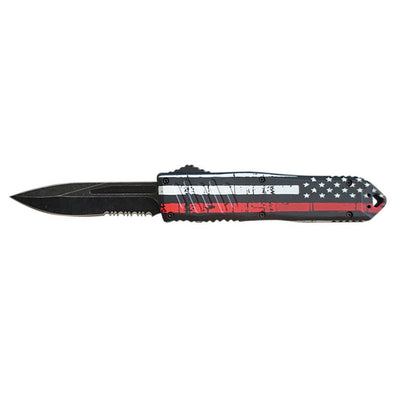 Automatic Out The Front - Red or Blue Stripe Flag OTF Rubberized Handle